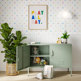 The Oxford in Sage green, a short 2 door, 2 shelf metal storage locker open to reveal baskets containing toys inside.