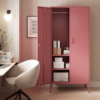 The Chelsea tall double-door metal storage locker in flamingo pink with one door open showing 2 Shelves and a rail.
