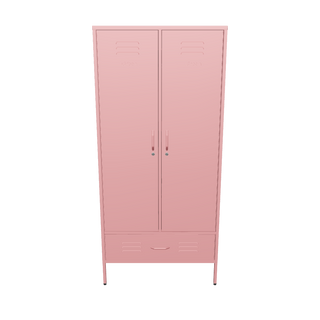 The Mayfair, a tall  2 door metal storage locker with a drawer beneath in flamingo pink, against a white background.