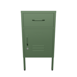 The Bromley, a small, 1 door metal locker with a drawer above it, in forest green