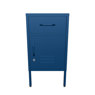 The Bromley, a small, 1 door metal locker with a drawer above it, in navy blue, against a white background.