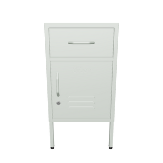 The Bromley, a small, 1 door metal locker with a drawer above it, in sage green, against a white background.