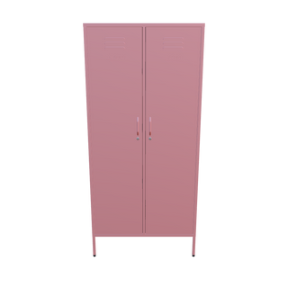 The Chelsea, a tall 2 door metal locker in flamingo pink, against a white background.