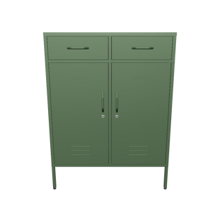 The Kensington 2 door metal locker with 2 drawers above in forest green.