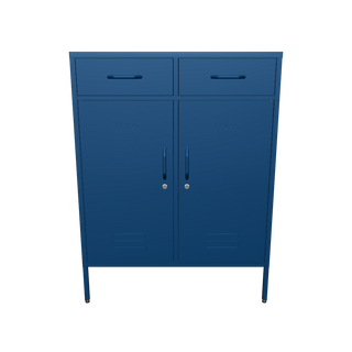The Kensington 2 door metal locker with 2 drawers above, in navy blue.