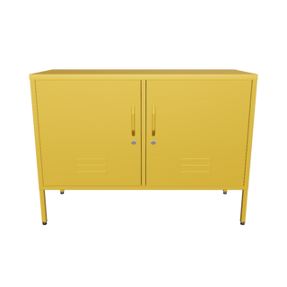 The Oxford, a wide, short 2 door metal locker in mustard.