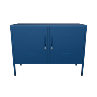 The Oxford, a wide, short 2 door metal locker in navy blue.