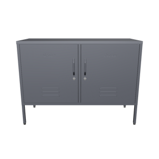 The Oxford, a wide, short 2 door metal locker in slate grey.